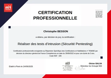 Certification de réalisation de tests d'intrusion, enregistrée au Répertoire Spécifique