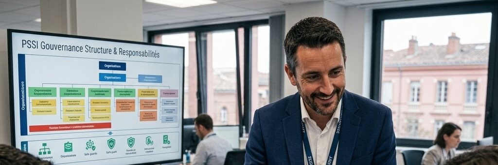 Consultant présentant une structure de gouvernance de la sécurité à un client, dans un bureau toulousain