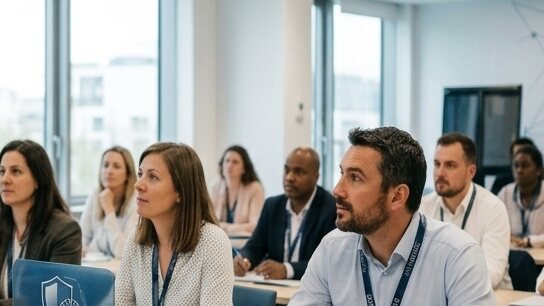 Équipe réunie en salle pour une session de sensibilisation à la cybersécurité
