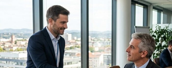 Remise du rapport d'audit au dirigeant en fin de mission, dans un bureau avec vue sur Toulouse